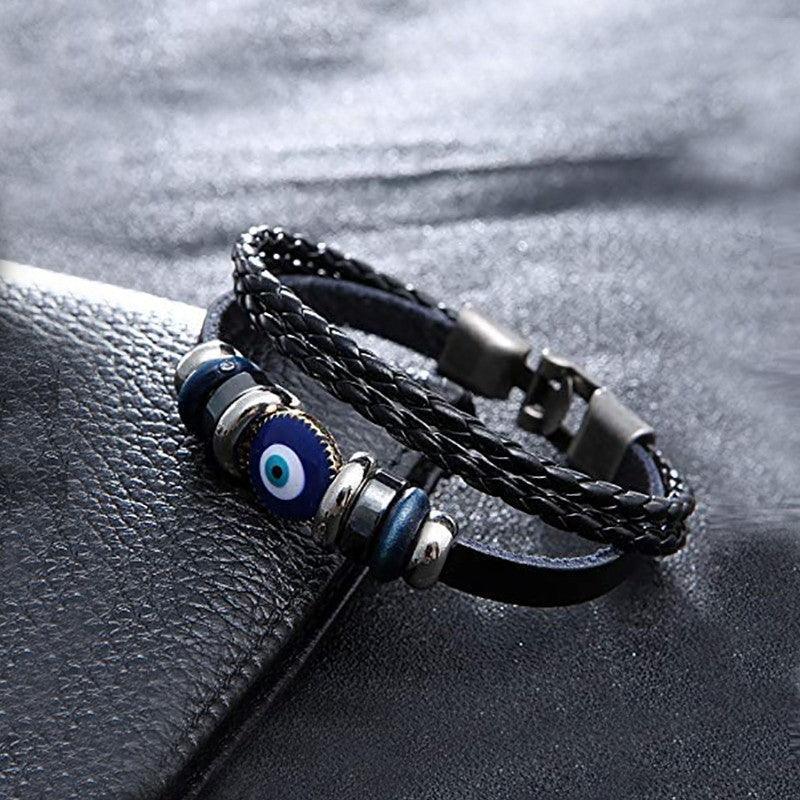 Evil Eye Greek Mati Turkish Nazar Weaved Leather Bracelet Cuff Jewelry