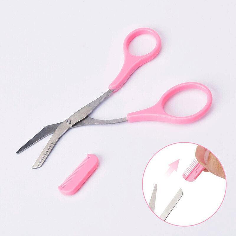Eyebrow Scissors with Comb Stainless Steel Makeup Trimmer Beauty Tool 3 Colours - Pink (Eyebrow Razor + Scissor)