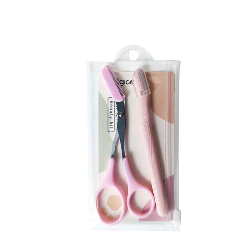 Eyebrow Scissors with Comb Stainless Steel Makeup Trimmer Beauty Tool 3 Colours - Pink (Eyebrow Razor + Scissor)