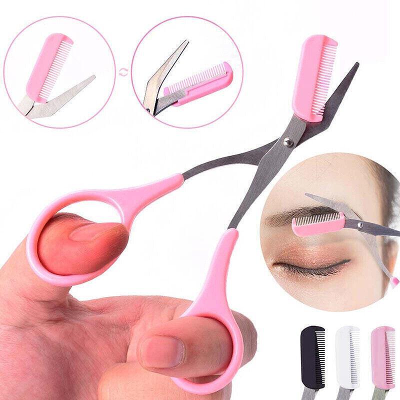 Eyebrow Scissors with Comb Stainless Steel Makeup Trimmer Beauty Tool 3 Colours - Pink