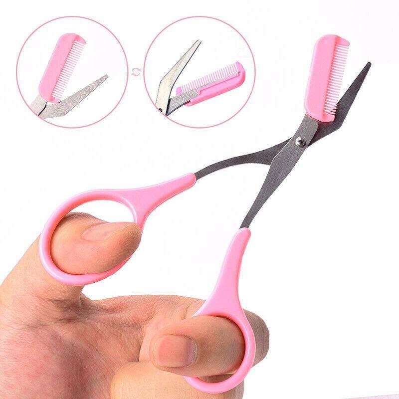 Eyebrow Scissors with Comb Stainless Steel Makeup Trimmer Beauty Tool 3 Colours - Pink