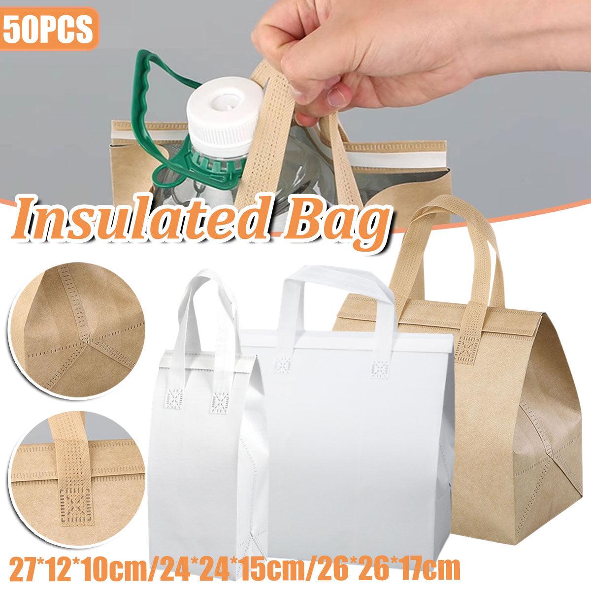 50pcs Thermal Insulation Packing Bag Non Woven Milk Tea Cake Food Storage Bag - Kraft-24x24x15cm