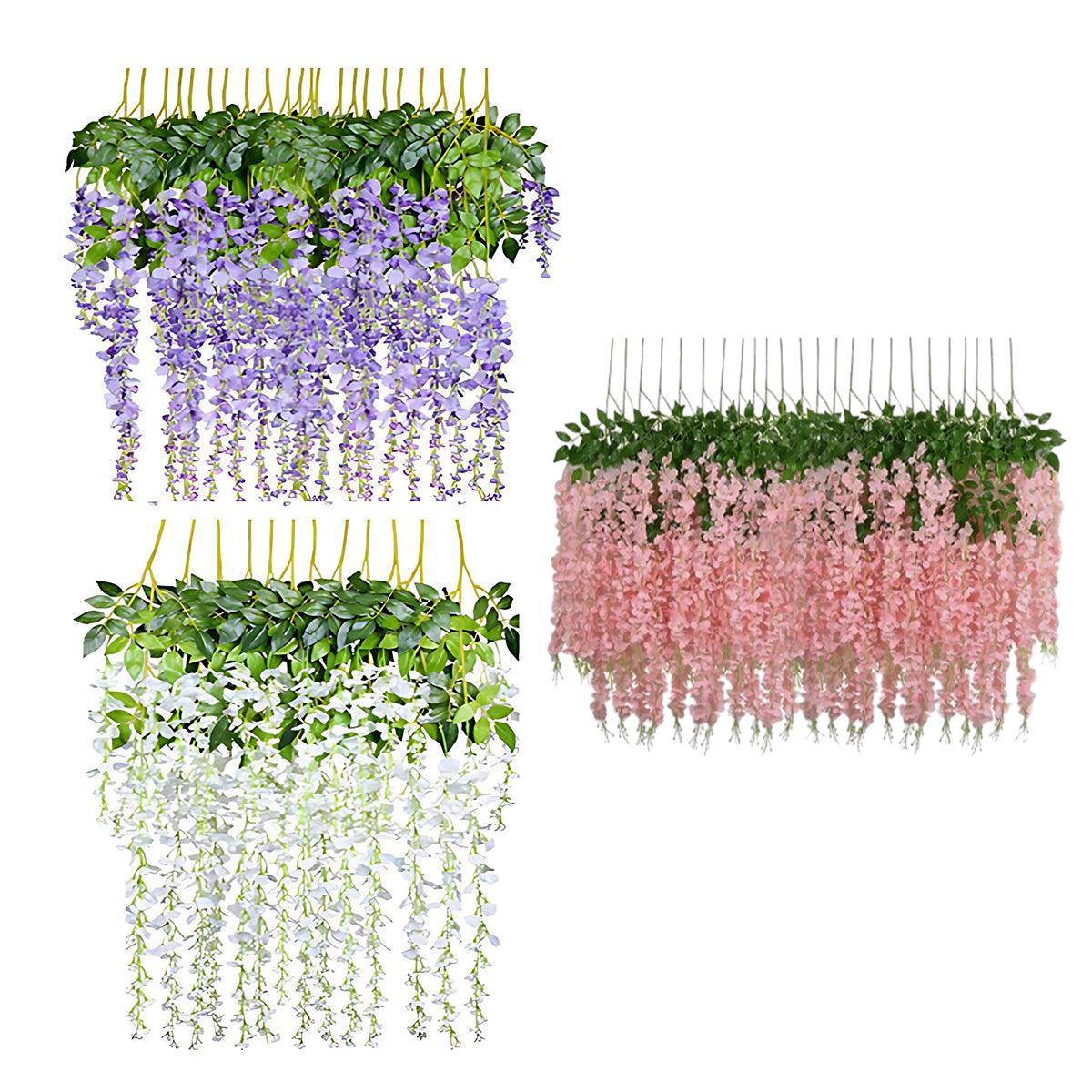 12X Artificial Silk Fake Flower Garland Vine Wisteria Leaf Hanging Wedding Decor - Purple