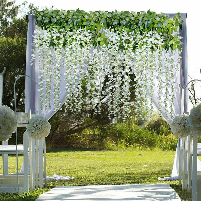 12X Artificial Silk Fake Flower Garland Vine Wisteria Leaf Hanging Wedding Decor - White