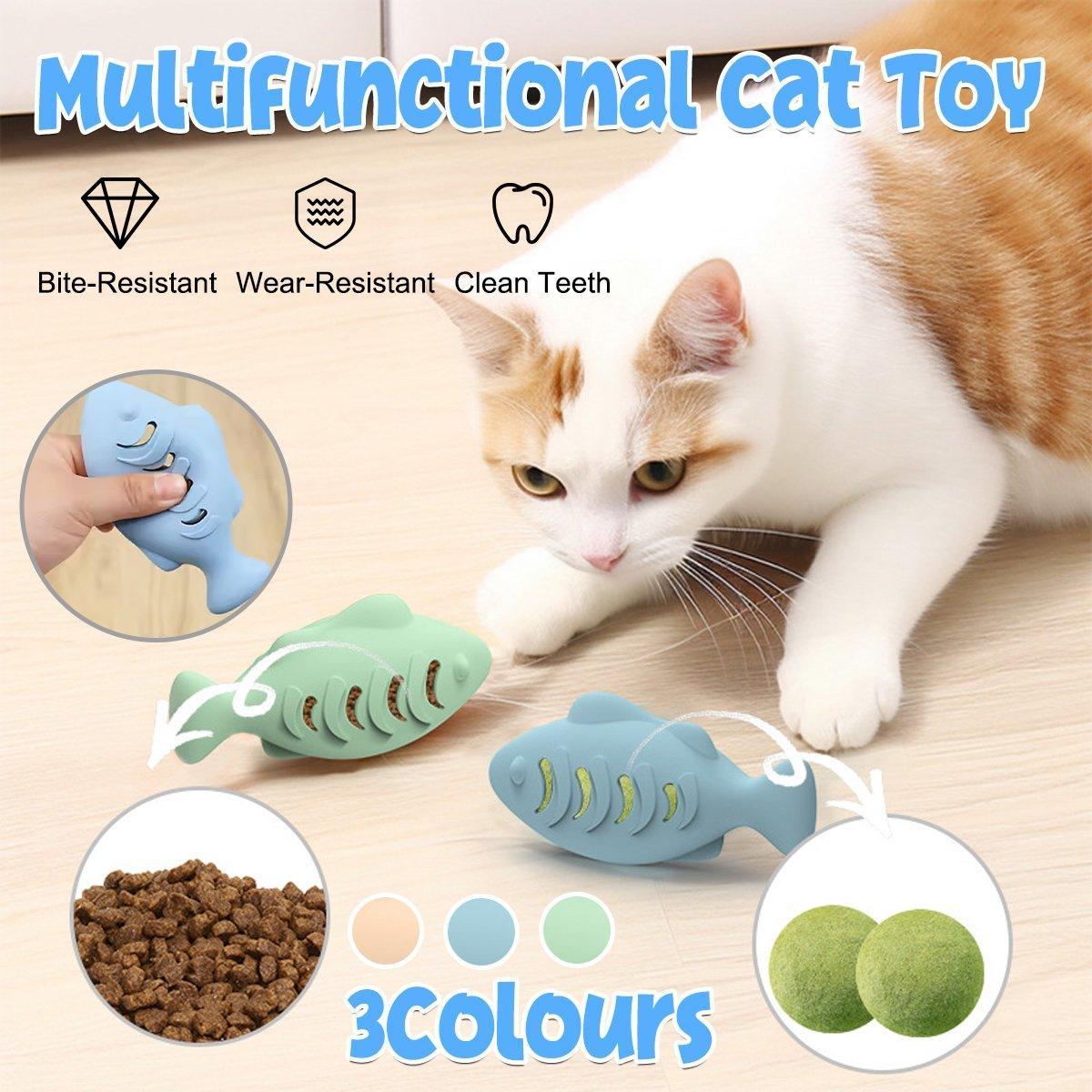 Interactive Cat Toys Fish Leaky Food Dispenser Fun Pet Play Chew Toy Durable - Green