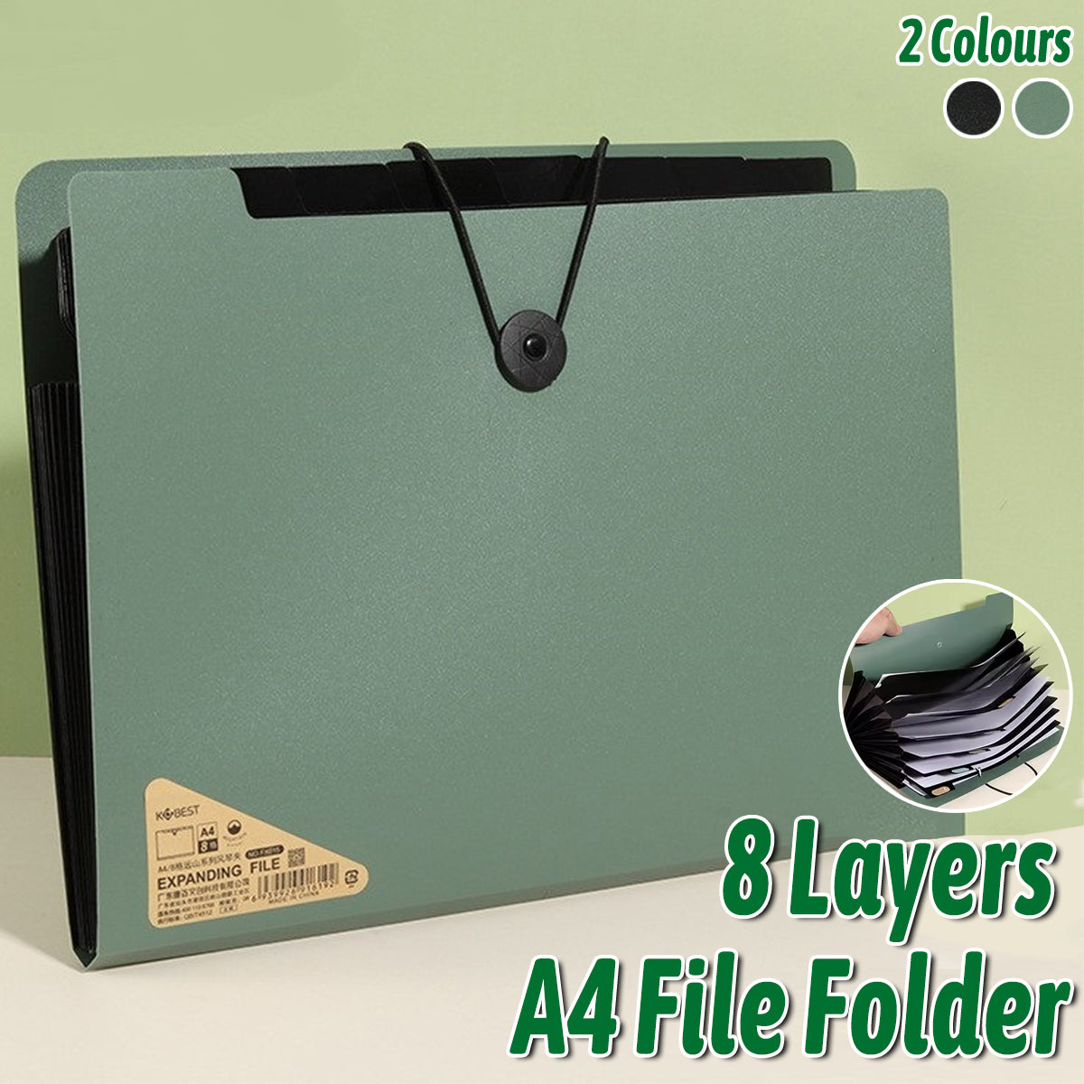 8 Cell File Folder Organizer Bag Test Paper Storage Document Holder School Office - Green
