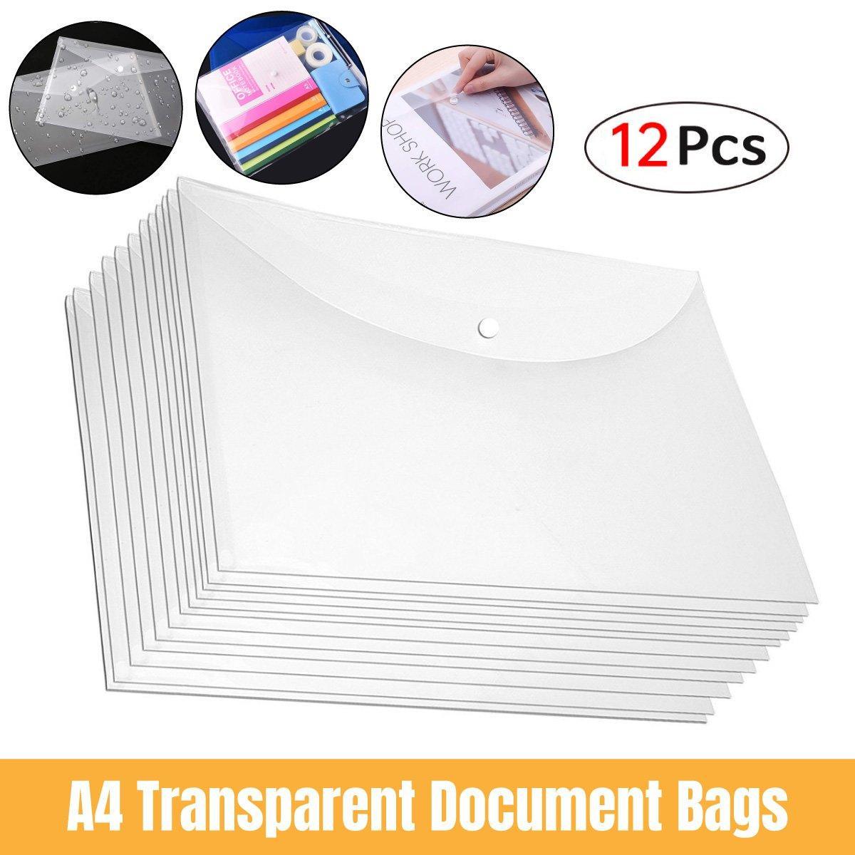 12pcs A4 Plastic File Bag Translucent Document Storage Pouch with Button Closure