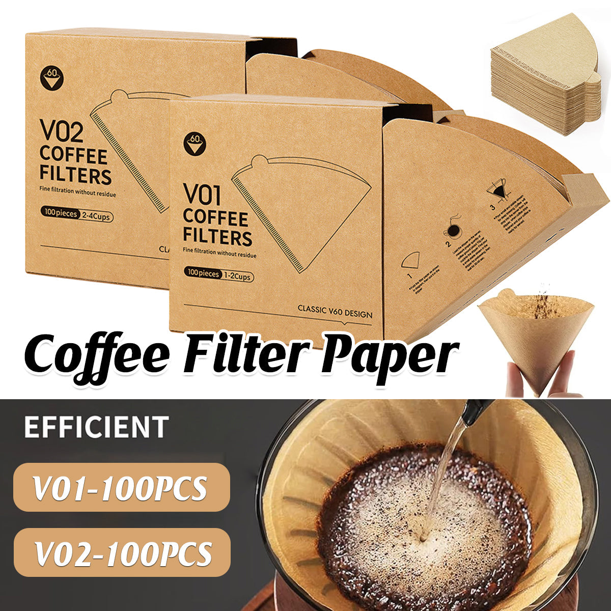 100PCS Coffee Filter Paper Drip Cone Funnel Handmade Filters for Coffee Machine - V01-100PCS