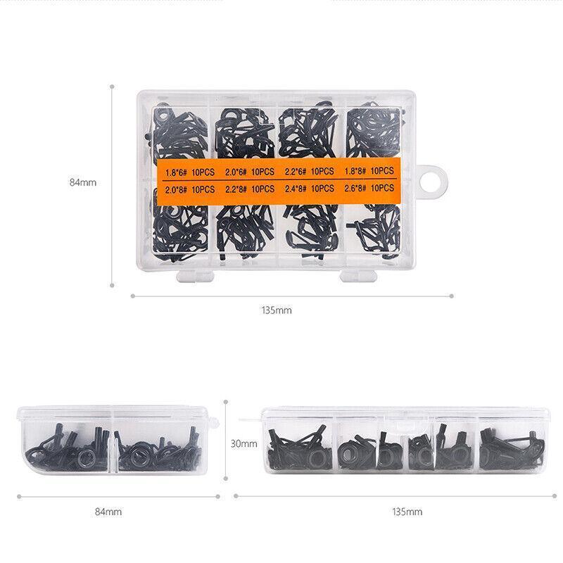 80 Fishing Rod Guide Set Tackle Tips Repair Kits Ring 8 Size Stainless Steel Box