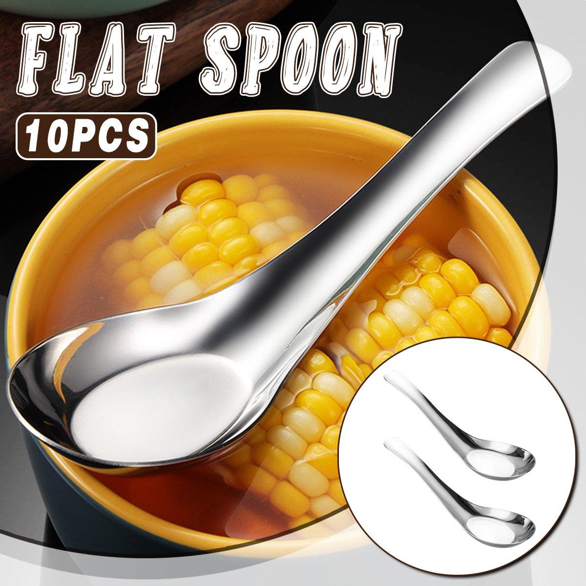 10pcs Stainless Steel Flat Bottom Spoon Household Kitchen Dining Soup Spoon Set