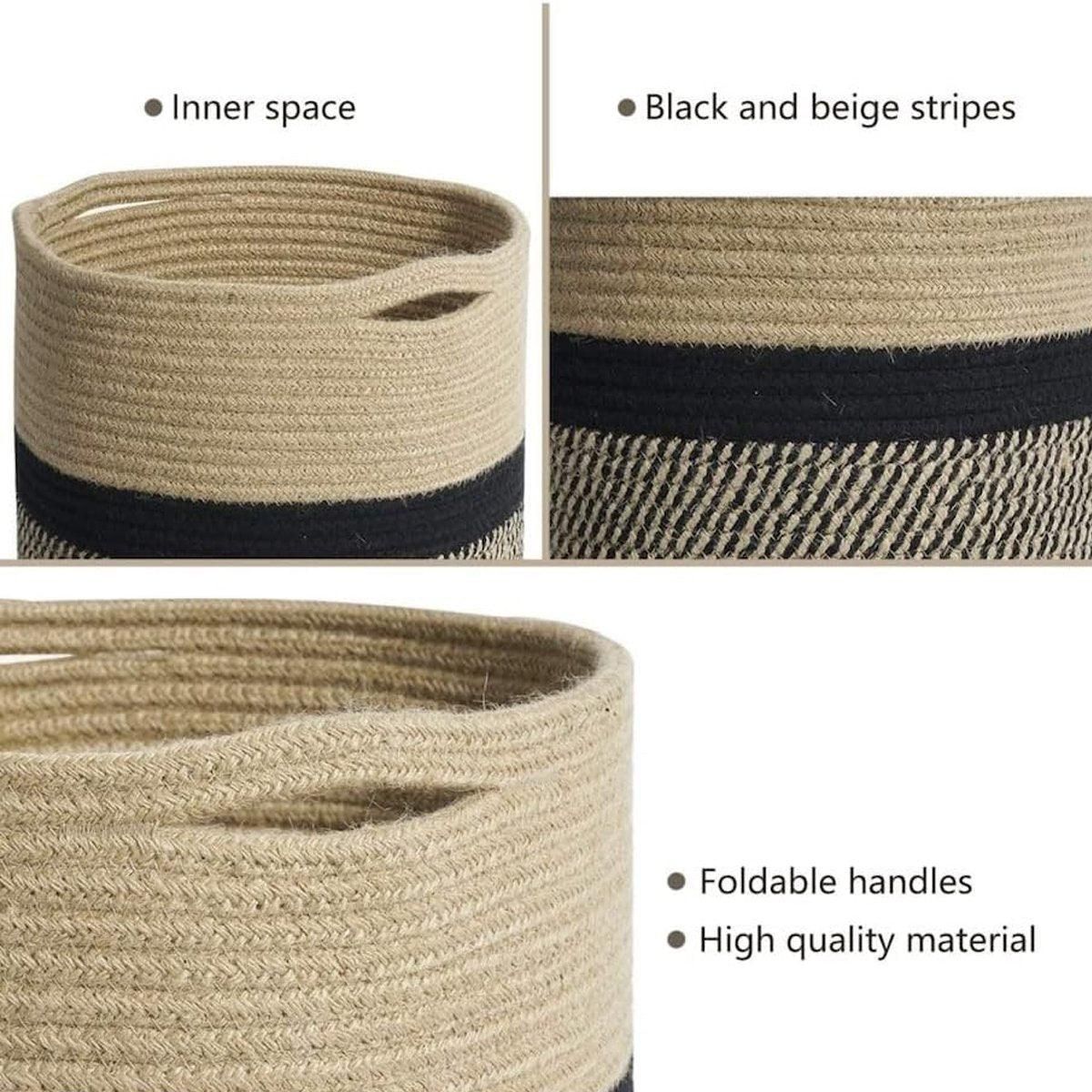 1-Piece 30 cm Woven Cotton Rope Storage Basket, Black and Beige