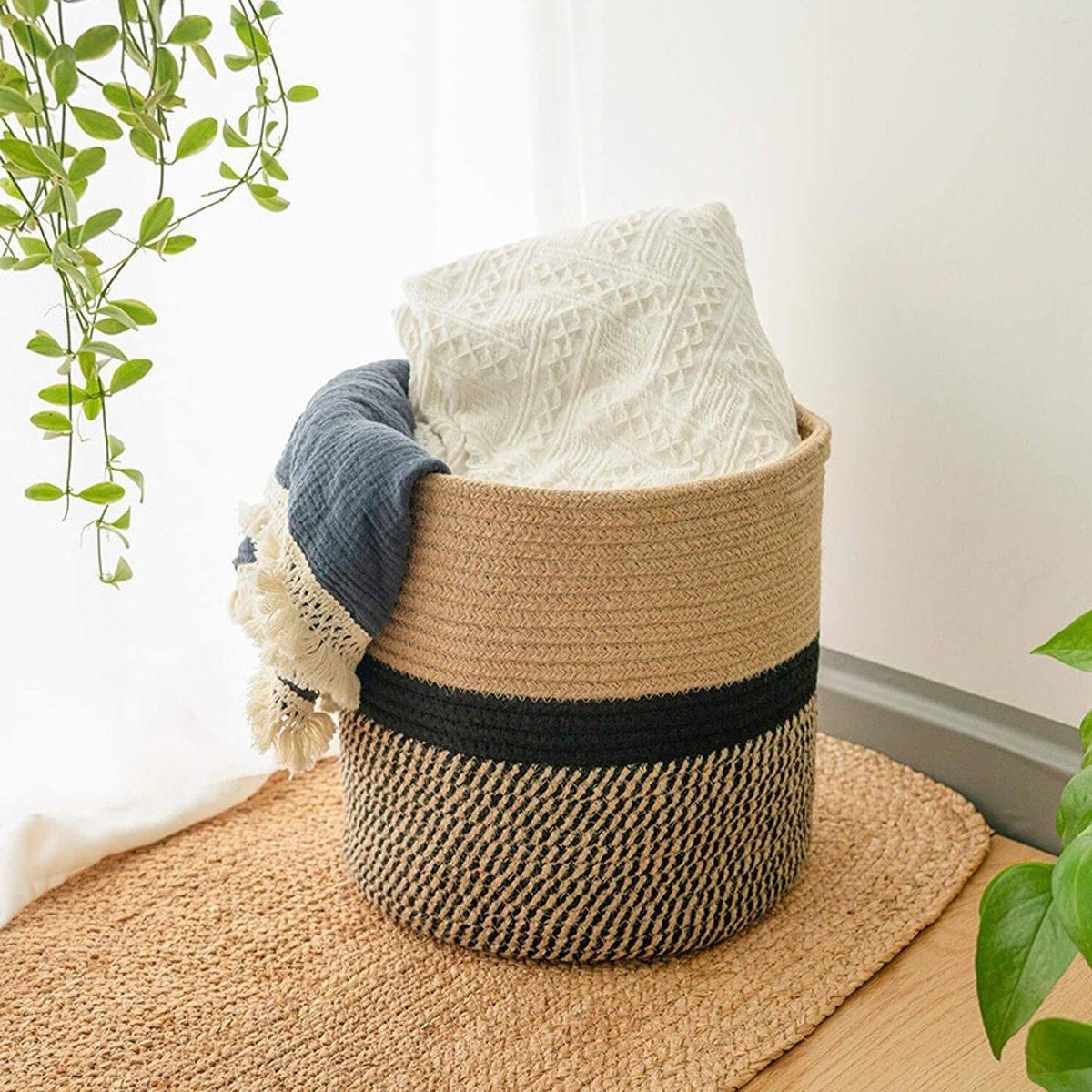 1-Piece 30 cm Woven Cotton Rope Storage Basket, Black and Beige