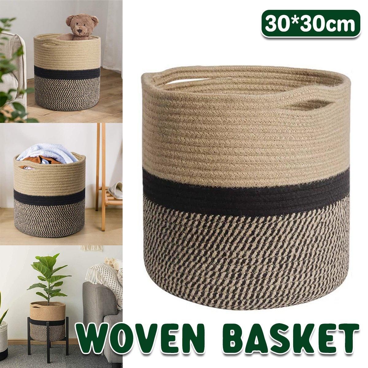 1-Piece 30 cm Woven Cotton Rope Storage Basket, Black and Beige
