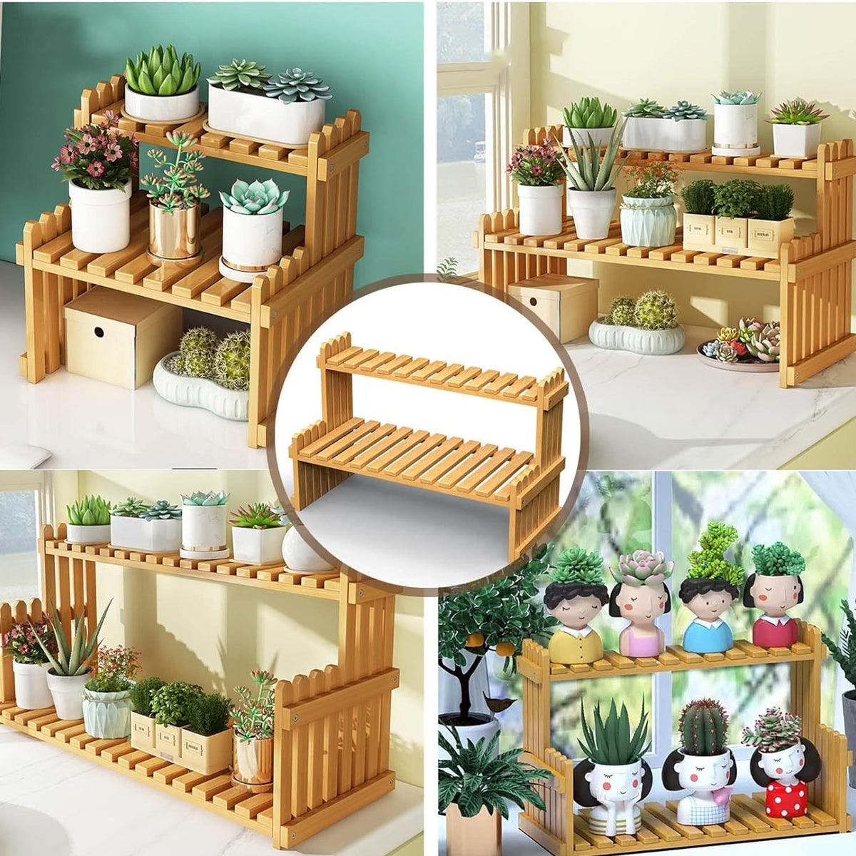 2 Tier Bamboo Plant Stand Flower Pot Rack Indoor Outdoor Patio Garden Shelf
