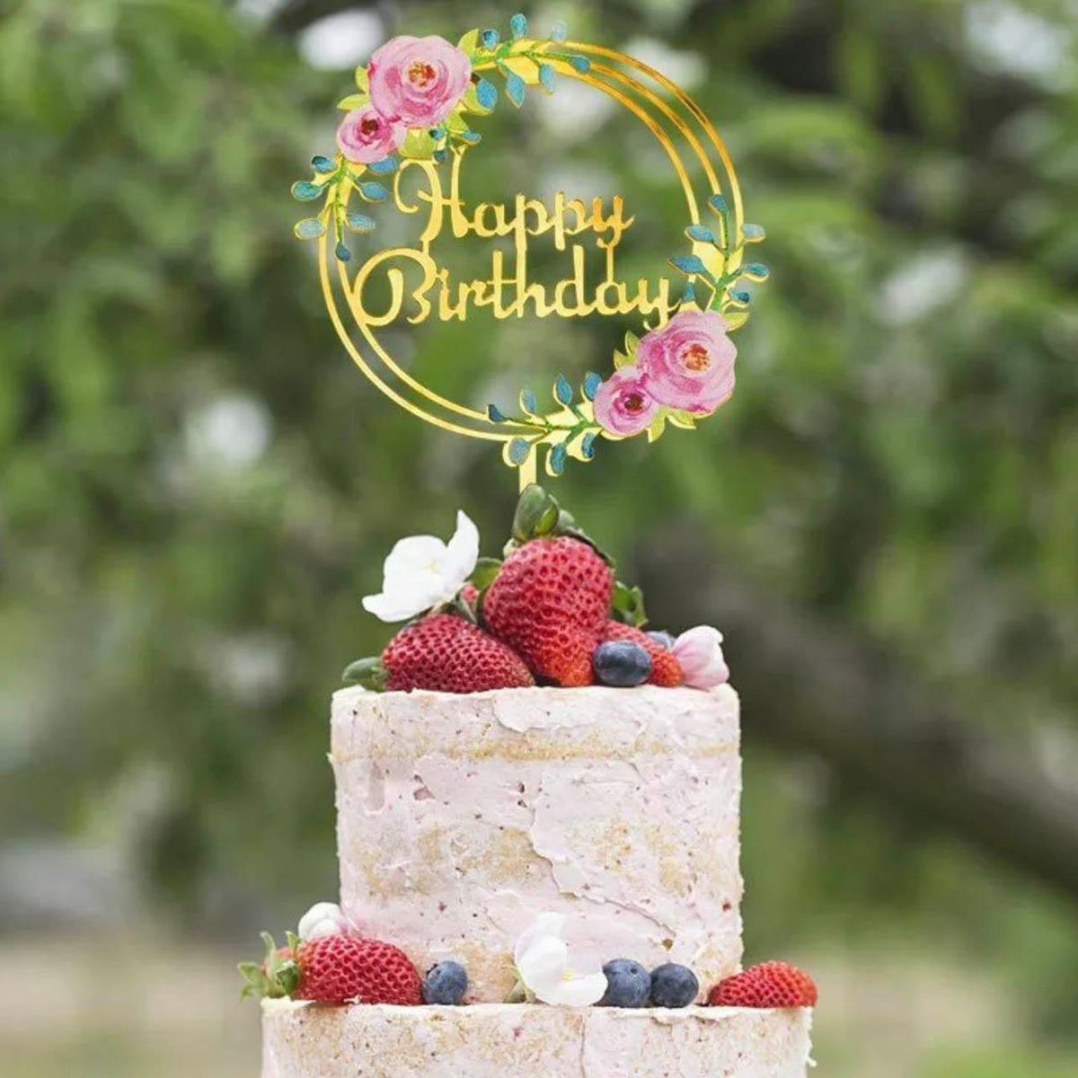 Happy Birthday Anniversary Wedding Cake Flowers Topper Acrylic Party Decorations - NO.02