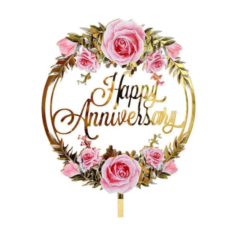 Happy Birthday Anniversary Wedding Cake Flowers Topper Acrylic Party Decorations - NO.02