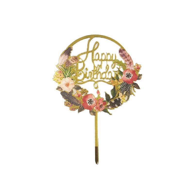 Happy Birthday Anniversary Wedding Cake Flowers Topper Acrylic Party Decorations - NO.02