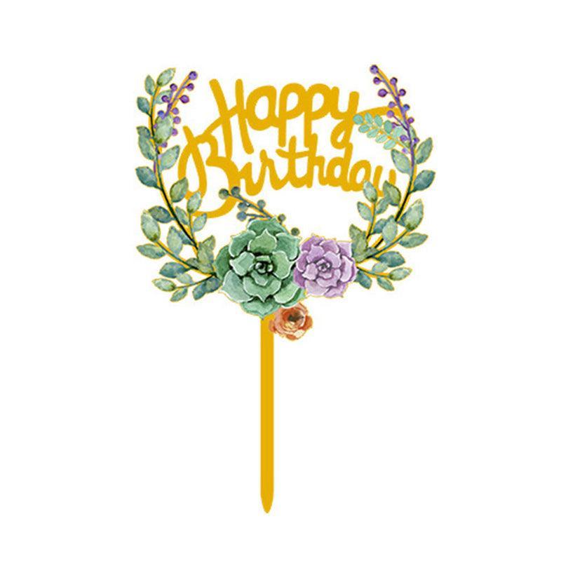Happy Birthday Anniversary Wedding Cake Flowers Topper Acrylic Party Decorations - NO.02