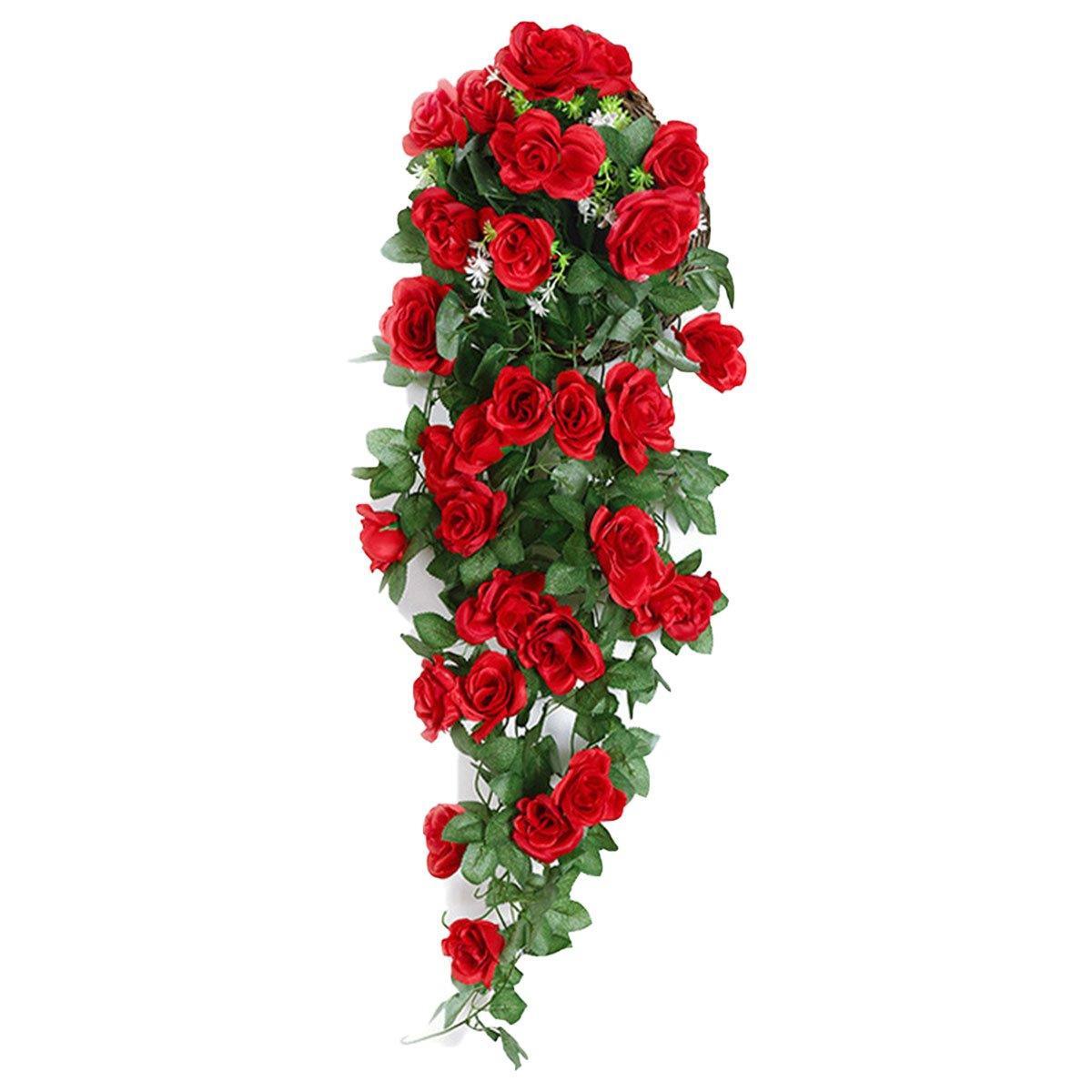 2PCS Artificial Rose Flower Garland Hanging Vine Home Wall Decor Fake Rattan - Red