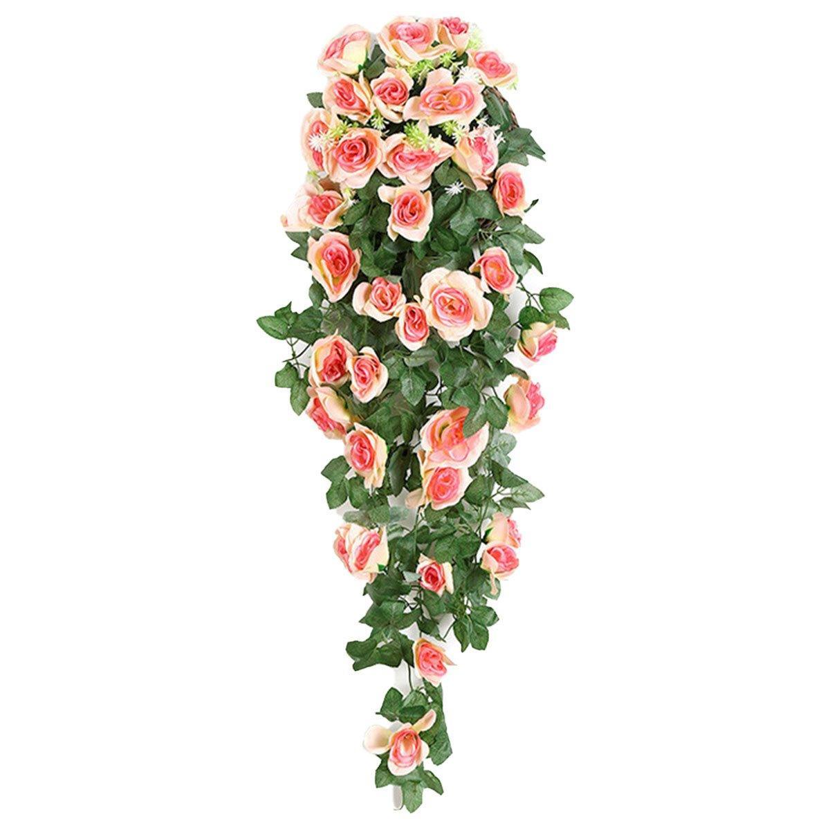 2PCS Artificial Rose Flower Garland Hanging Vine Home Wall Decor Fake Rattan - Rose Red
