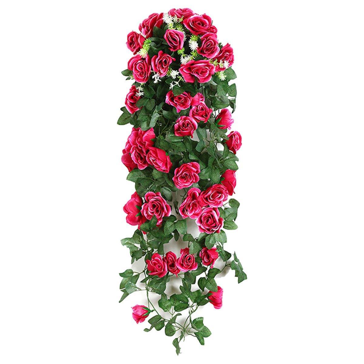 2PCS Artificial Rose Flower Garland Hanging Vine Home Wall Decor Fake Rattan - Rose Red
