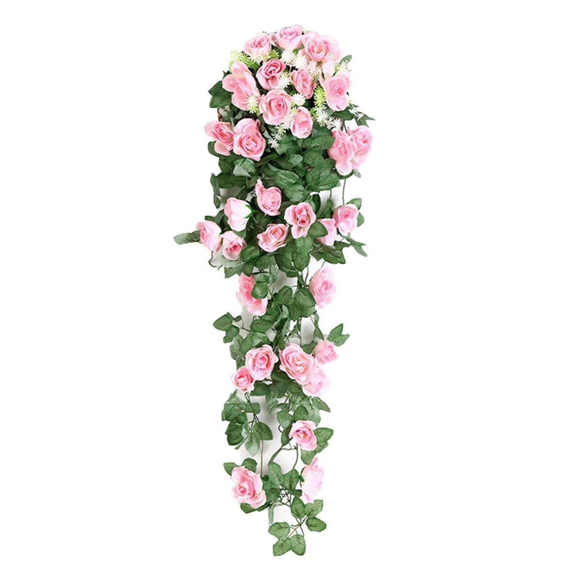 2PCS Artificial Rose Flower Garland Hanging Vine Home Wall Decor Fake Rattan - Rose Red