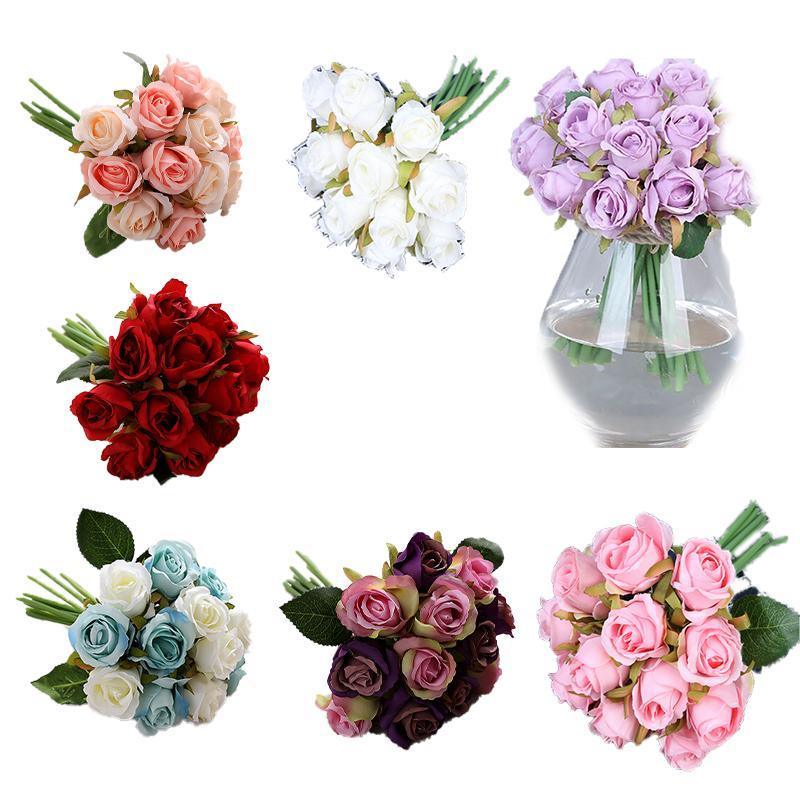 12 Heads Silk Rose Artificial Flowers Fake Bouquet - White+blue