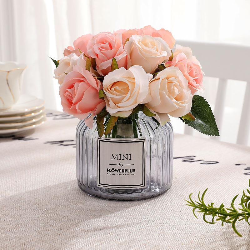 12 Heads Silk Rose Artificial Flowers Fake Bouquet - White+blue