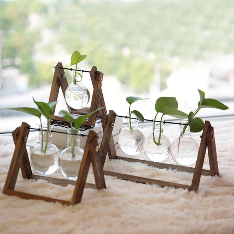 Wood Stand Glass Vase Terrarium Hydroponic Hanging Planter Home Decor - S With 1 Bottle