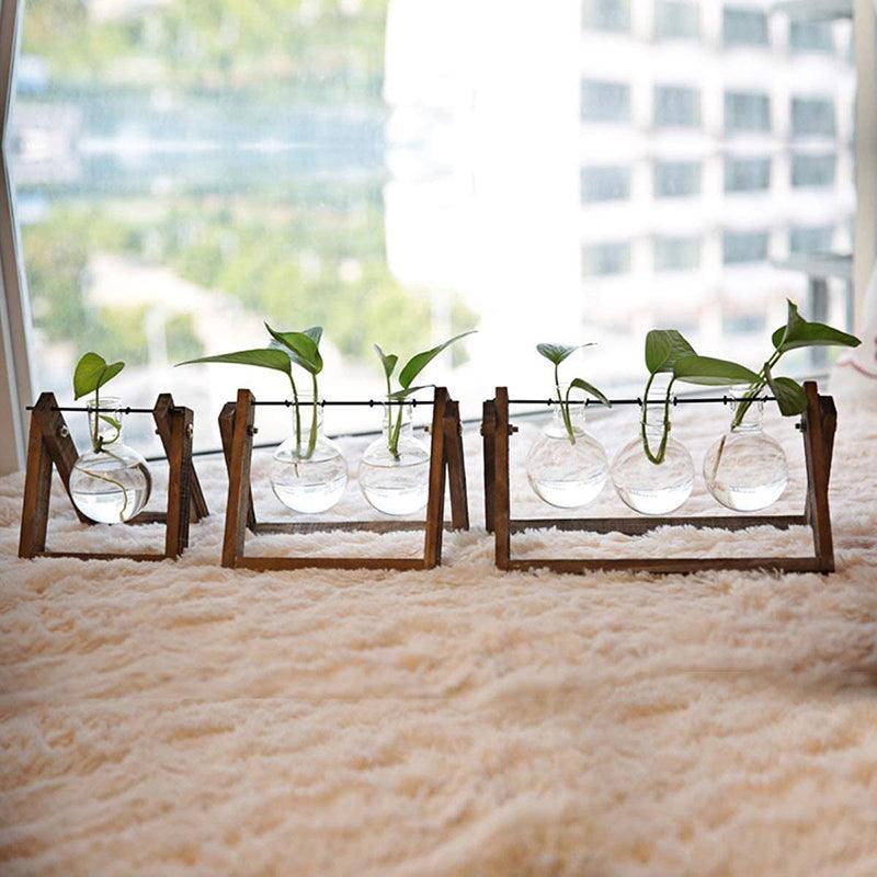 Wood Stand Glass Vase Terrarium Hydroponic Hanging Planter Home Decor - S With 1 Bottle
