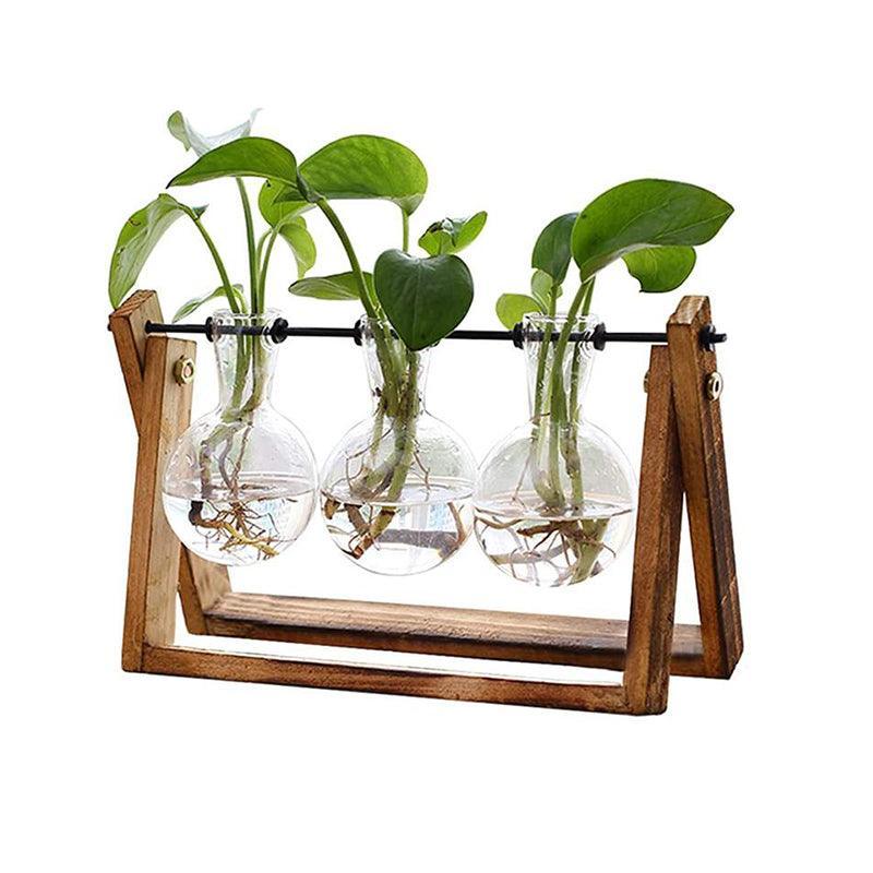 Wood Stand Glass Vase Terrarium Hydroponic Hanging Planter Home Decor - S With 1 Bottle