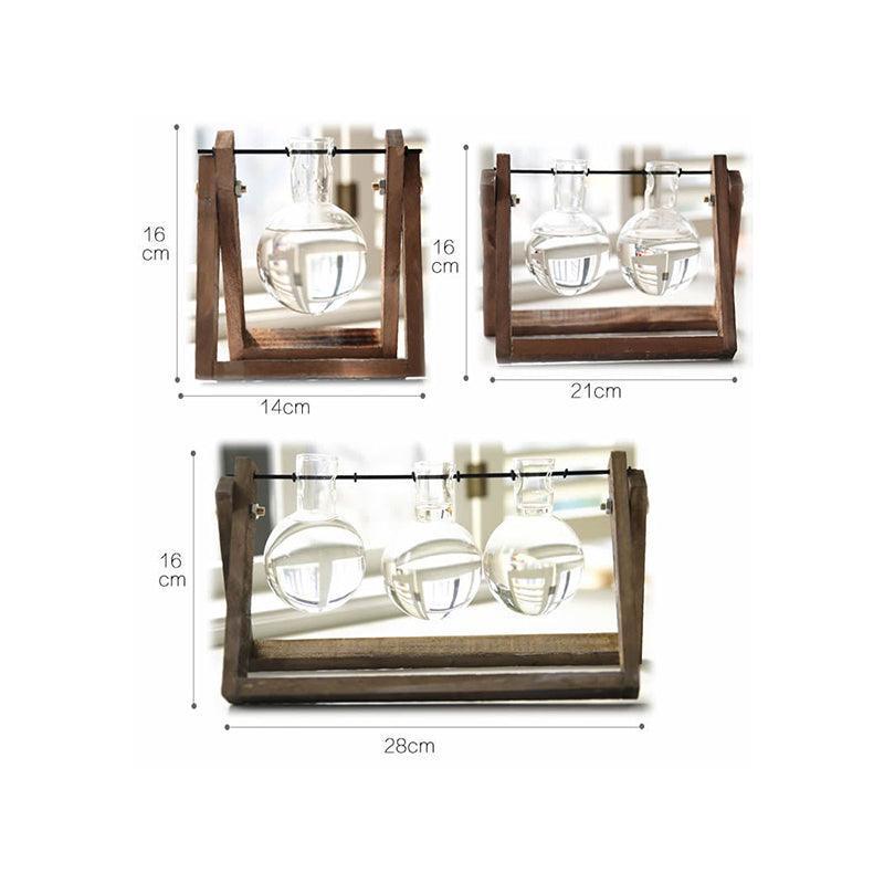 Wood Stand Glass Vase Terrarium Hydroponic Hanging Planter Home Decor - L With 3 Bottles