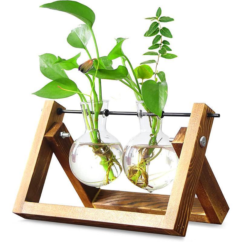 Wood Stand Glass Vase Terrarium Hydroponic Hanging Planter Home Decor - L With 3 Bottles