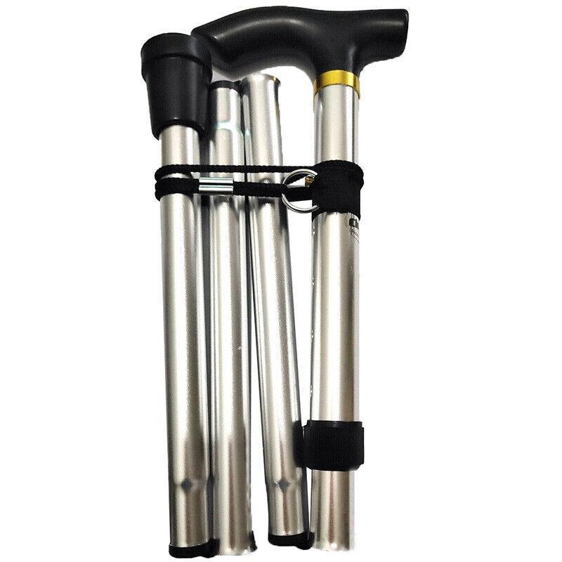 Folding Walking Stick Travel Cane Adjustable Height 82 to 92cm Aluminium Anti Slip - Silver