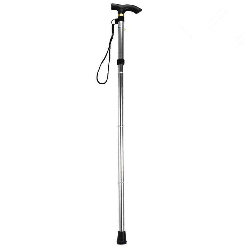 Folding Walking Stick Travel Cane Adjustable Height 82 to 92cm Aluminium Anti Slip - Silver