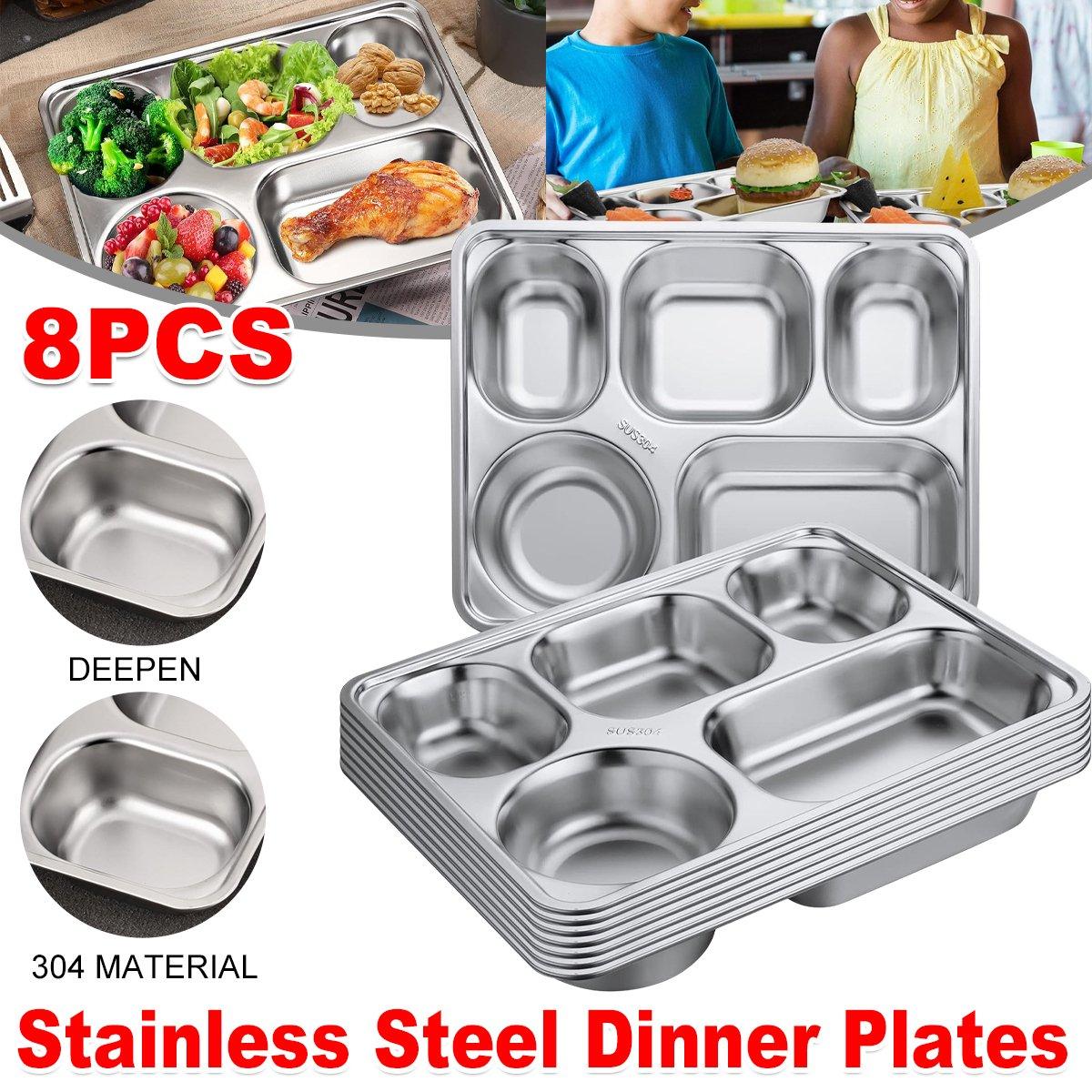 8pcs Stainless Steel Divided Dinner Plates Square Fast Food Plate for Students