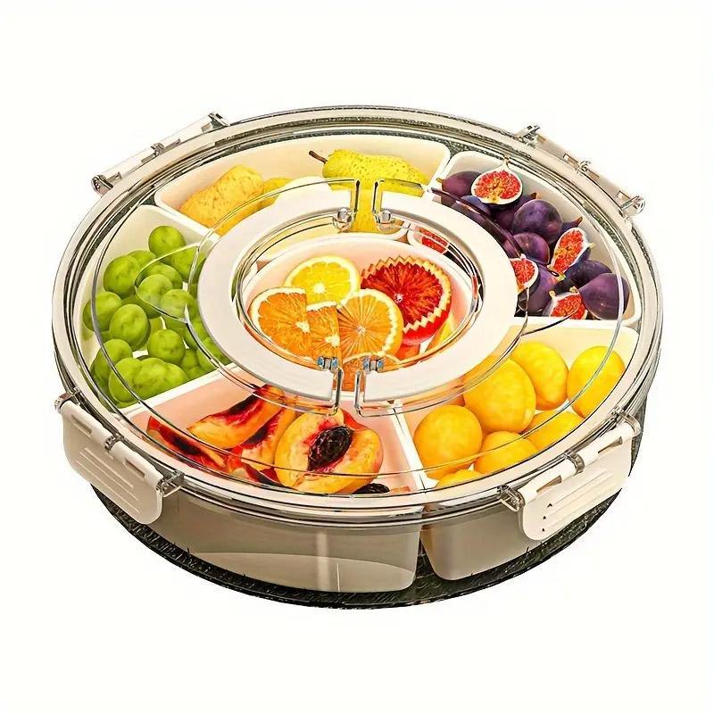 Six Compartment Rotary Fruit Plate Portable Round Snack Box with Lid for Home