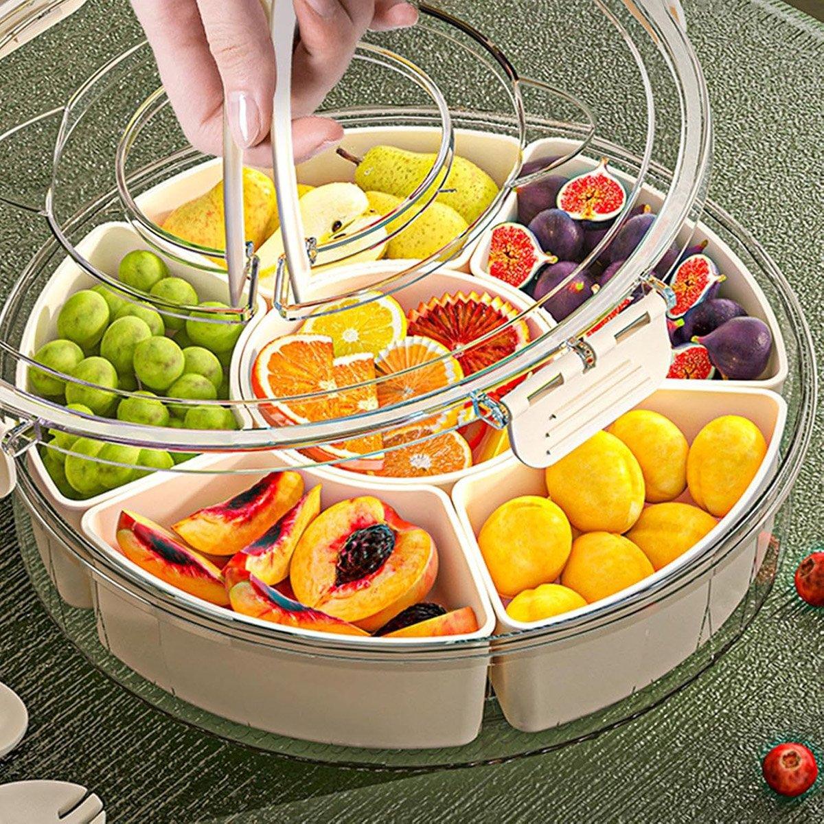 Six Compartment Rotary Fruit Plate Portable Round Snack Box with Lid for Home