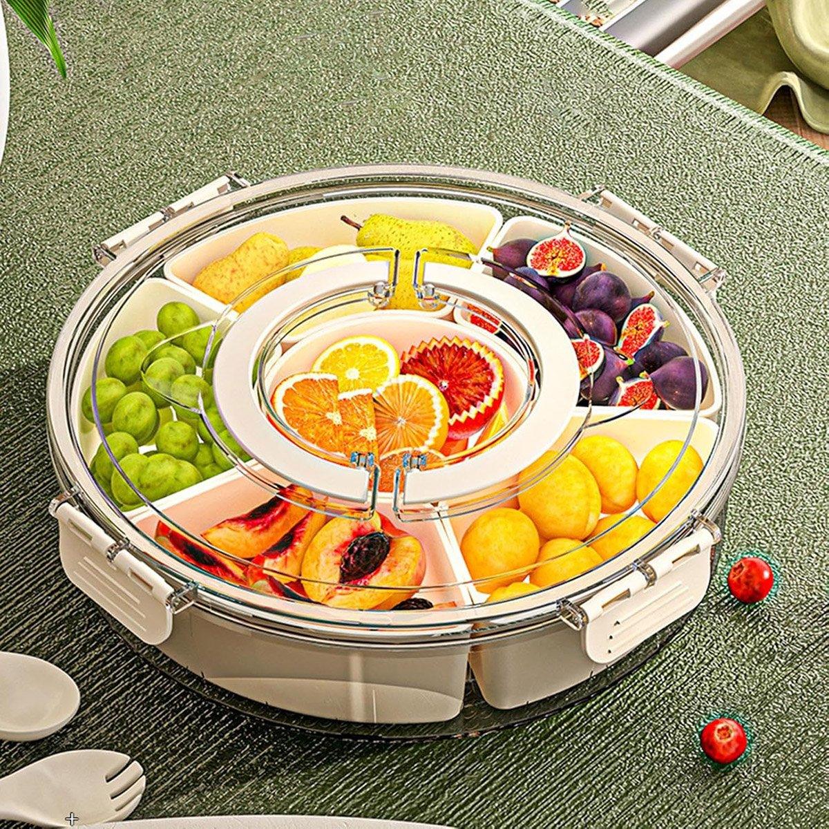 Six Compartment Rotary Fruit Plate Portable Round Snack Box with Lid for Home