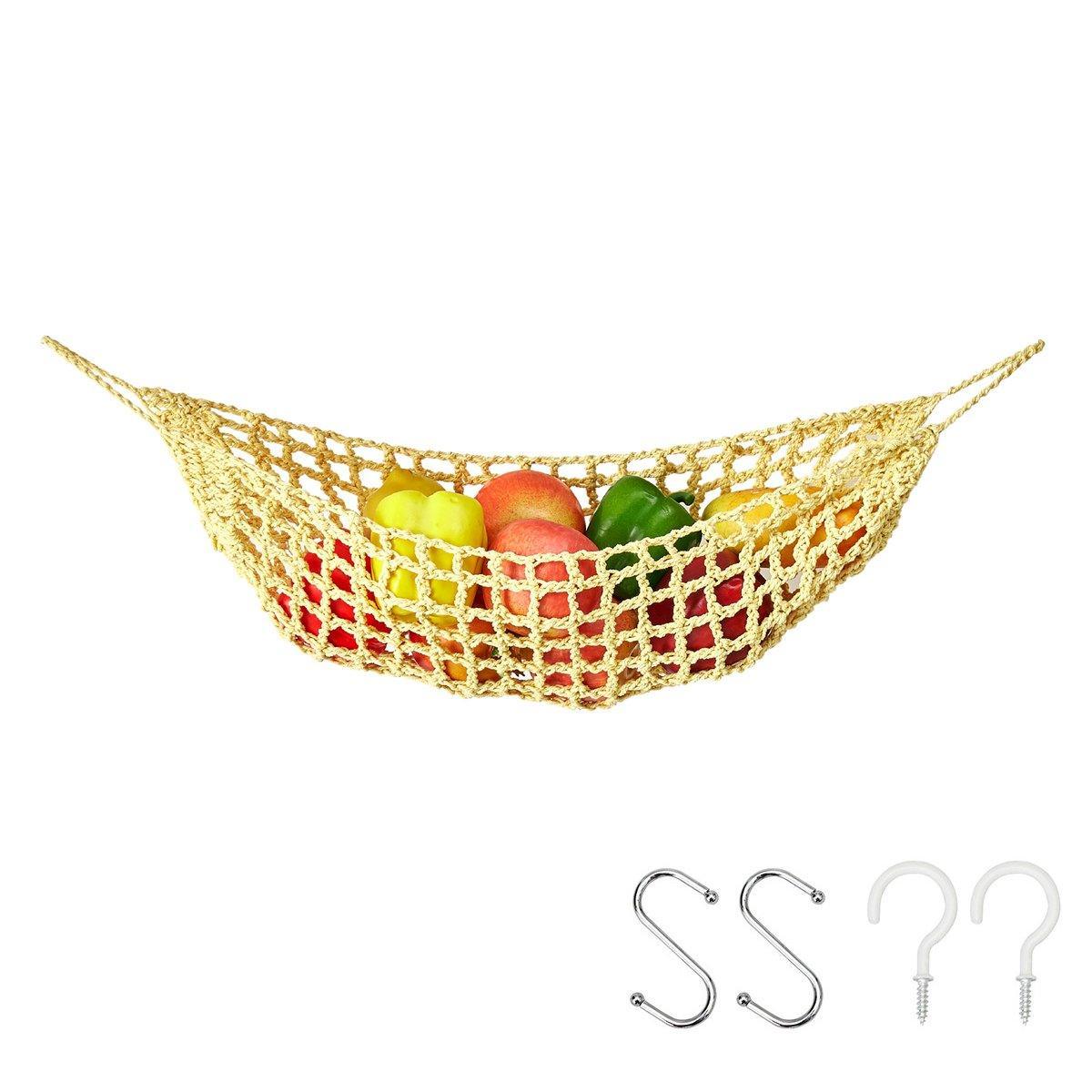 Under Desk Hanging Fruit Basket Kitchen Storage Net Home Organizer for Fruits - Khaki