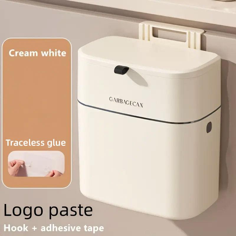 Wall Mounted Hanging Waste Bin with Lid Household Cabinet Trash Can Cream White