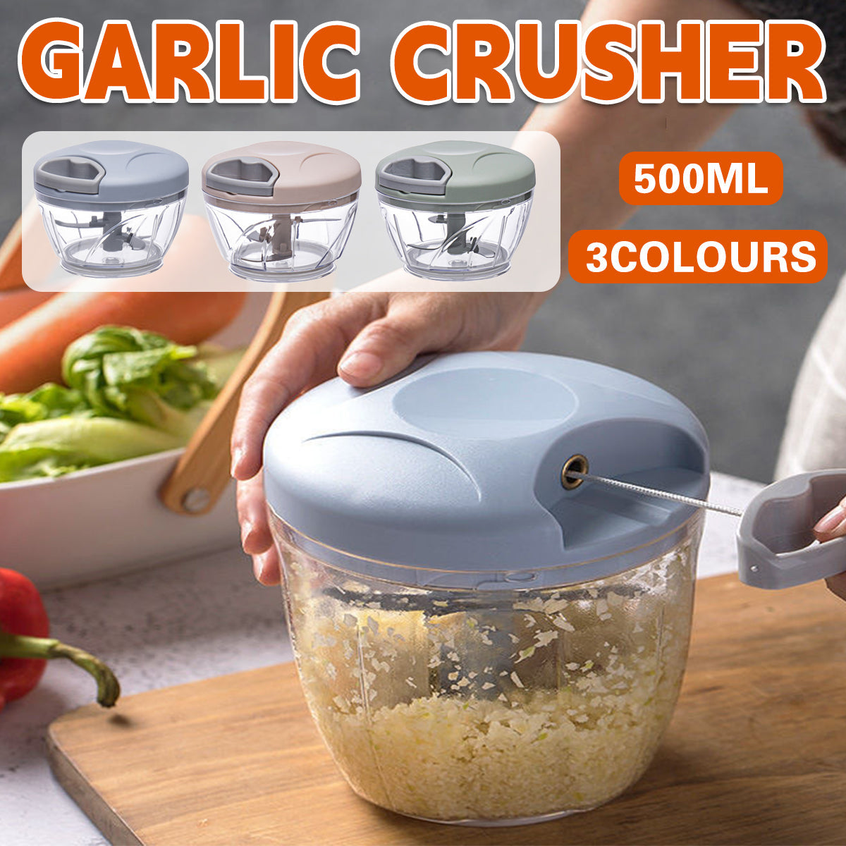 500ml Manual Meat Mincer Garlic Chopper Rotate Garlic Press Crusher Vegetabl - Blue