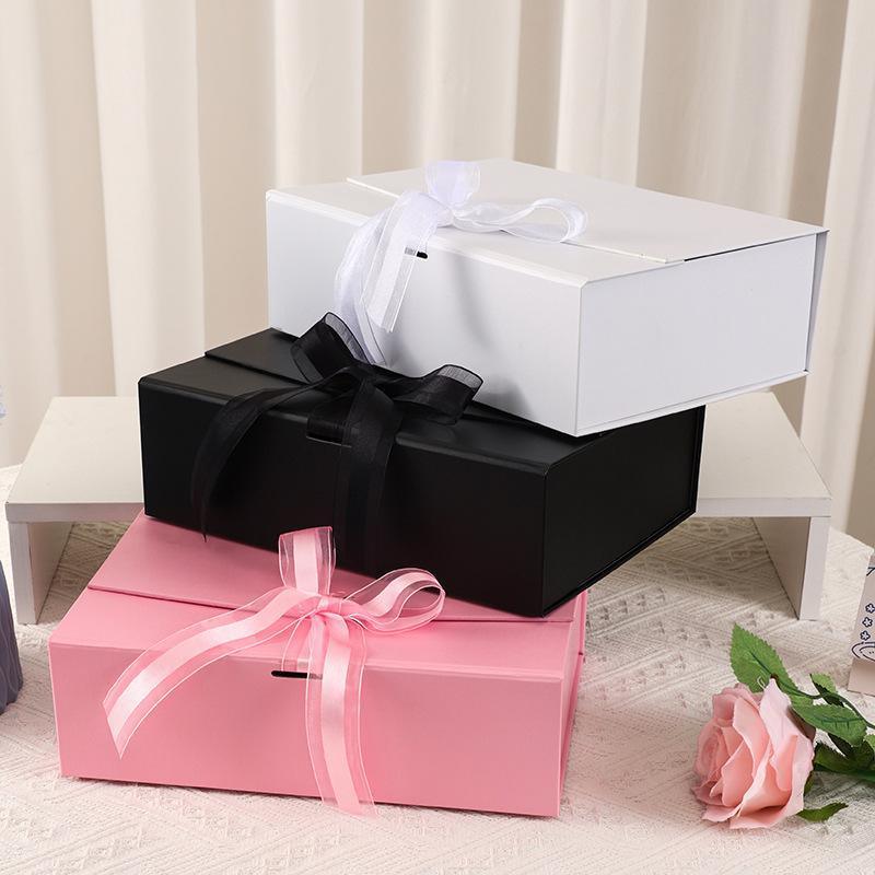 Elegant Ribbon Flip Folding Gift Boxes Multiple Colors High-Quality Cardboard - Black