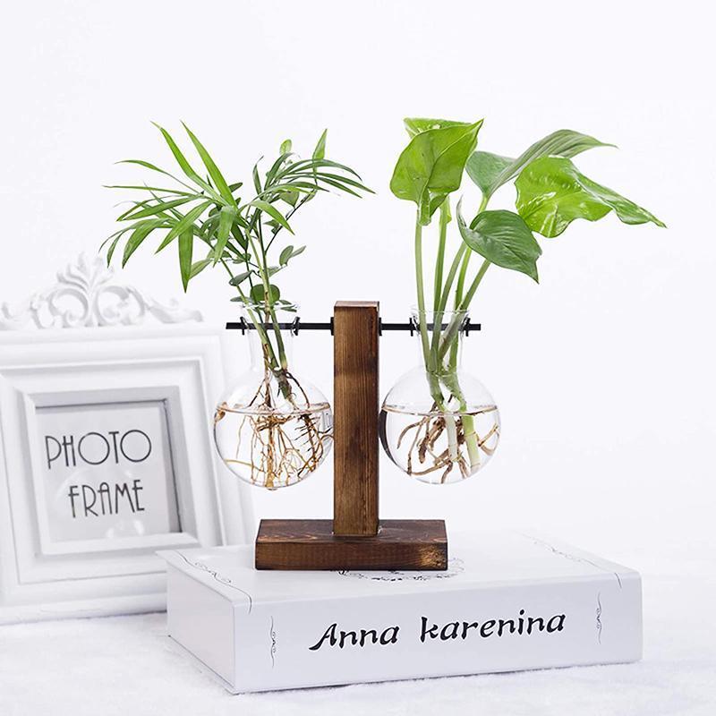 Wooden Stand Glass Flower Vase Hydroponic Hanging Plant Terrarium Container - A
