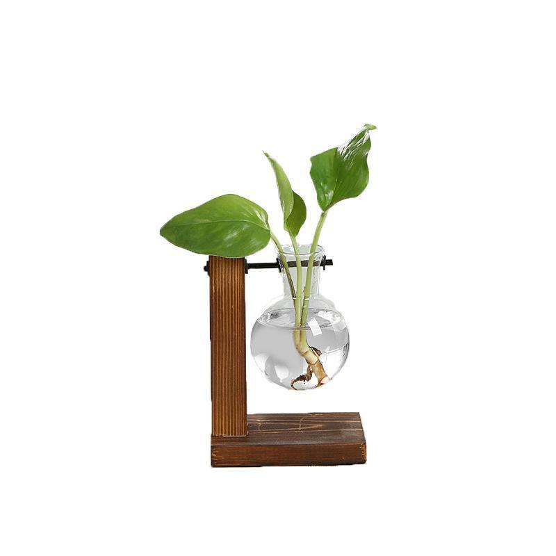 Wooden Stand Glass Flower Vase Hydroponic Hanging Plant Terrarium Container - A