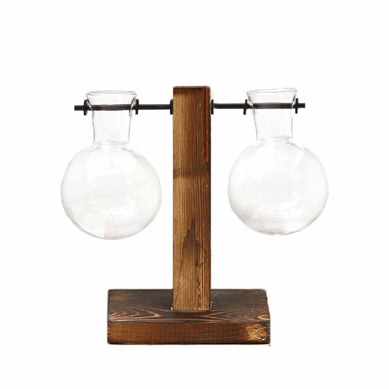 Wooden Stand Glass Flower Vase Hydroponic Hanging Plant Terrarium Container - A