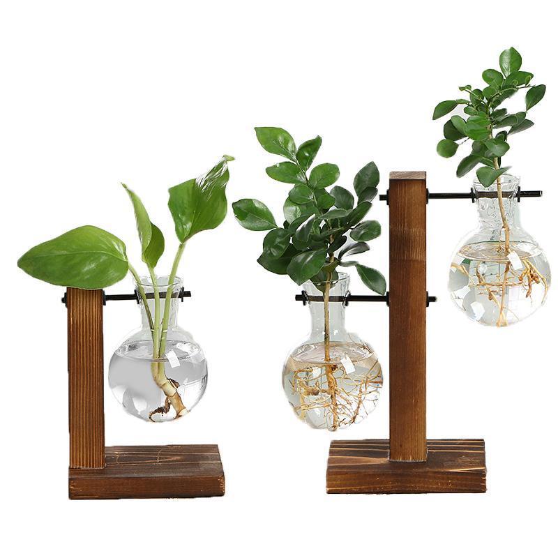Wooden Stand Glass Flower Vase Hydroponic Hanging Plant Terrarium Container - A