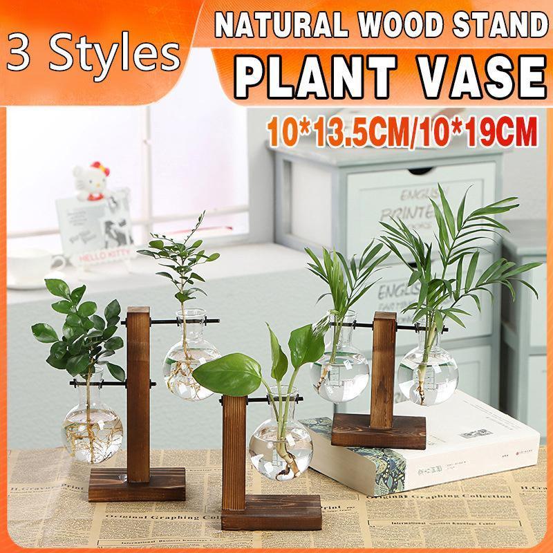 Wooden Stand Glass Flower Vase Hydroponic Hanging Plant Terrarium Container - C