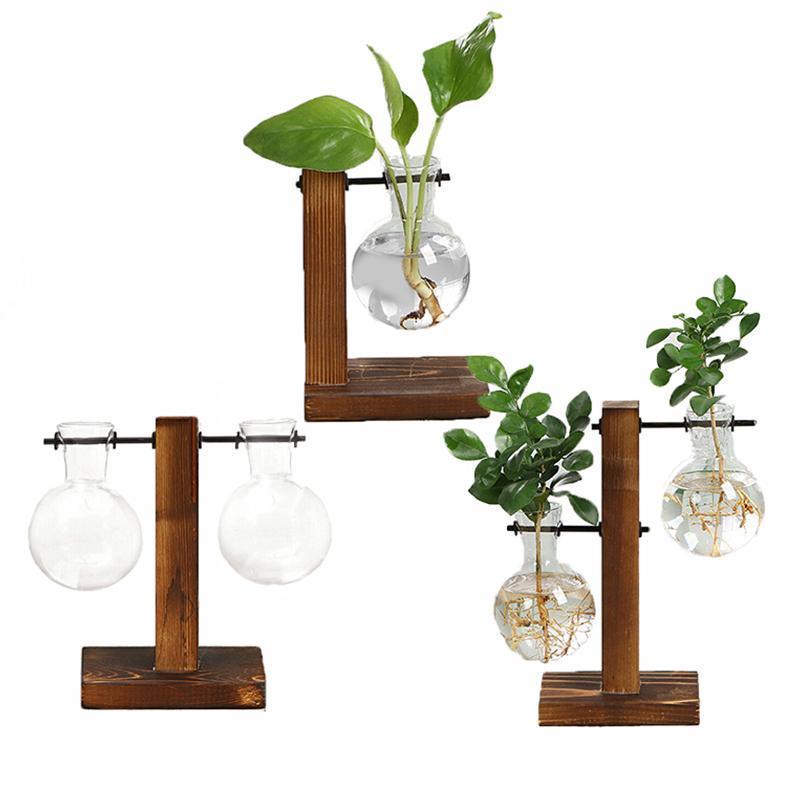 Wooden Stand Glass Flower Vase Hydroponic Hanging Plant Terrarium Container - C