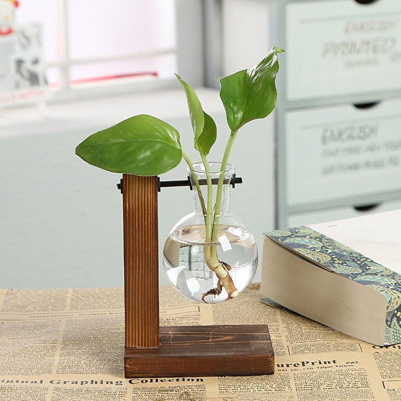 Wooden Stand Glass Flower Vase Hydroponic Hanging Plant Terrarium Container - C